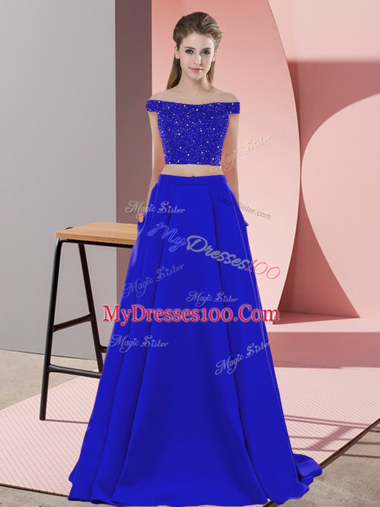 Excellent Blue Homecoming Party Dress Elastic Woven Satin Sweep Train Sleeveless Beading