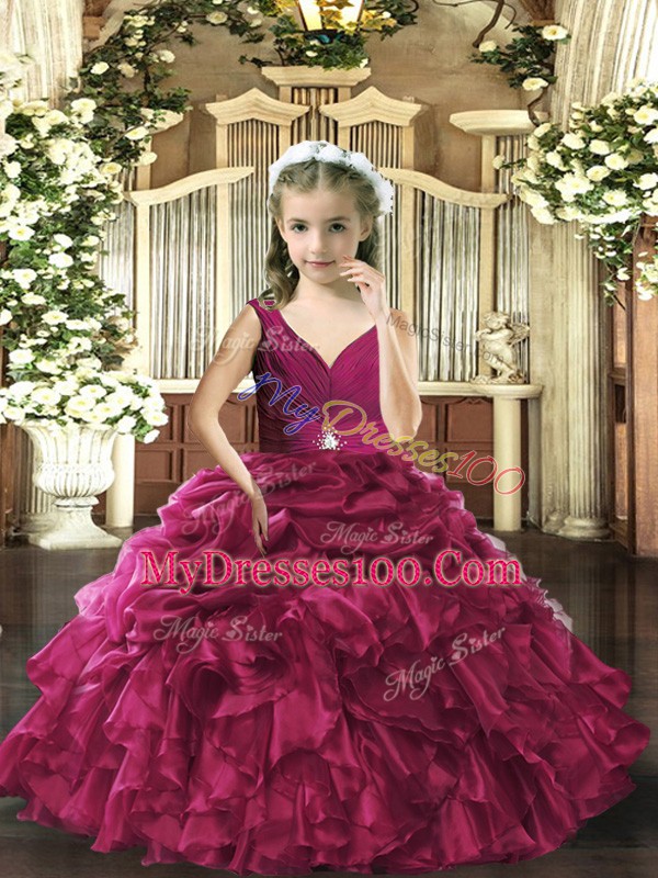V-neck Sleeveless Little Girls Pageant Gowns Floor Length Beading and Ruffles and Pick Ups Fuchsia Organza