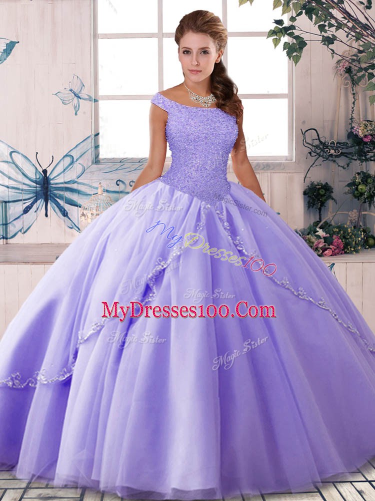 Sleeveless Tulle Brush Train Lace Up Quinceanera Gowns in Lavender with Beading