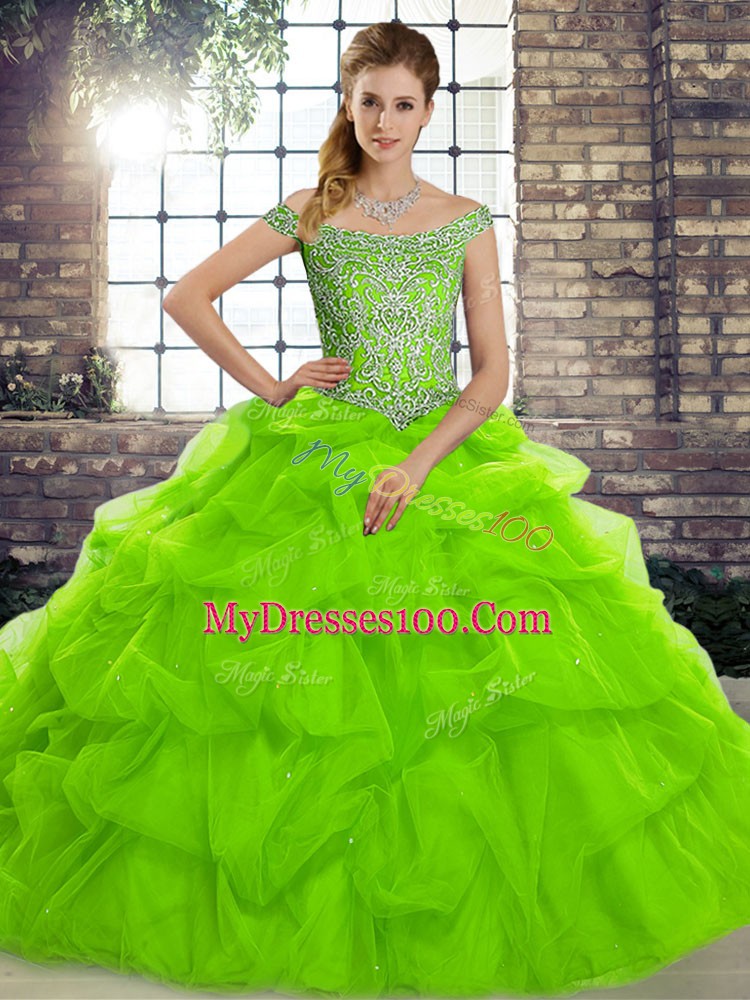 Pretty Ball Gowns Tulle Off The Shoulder Sleeveless Beading and Pick Ups Lace Up Sweet 16 Quinceanera Dress Brush Train