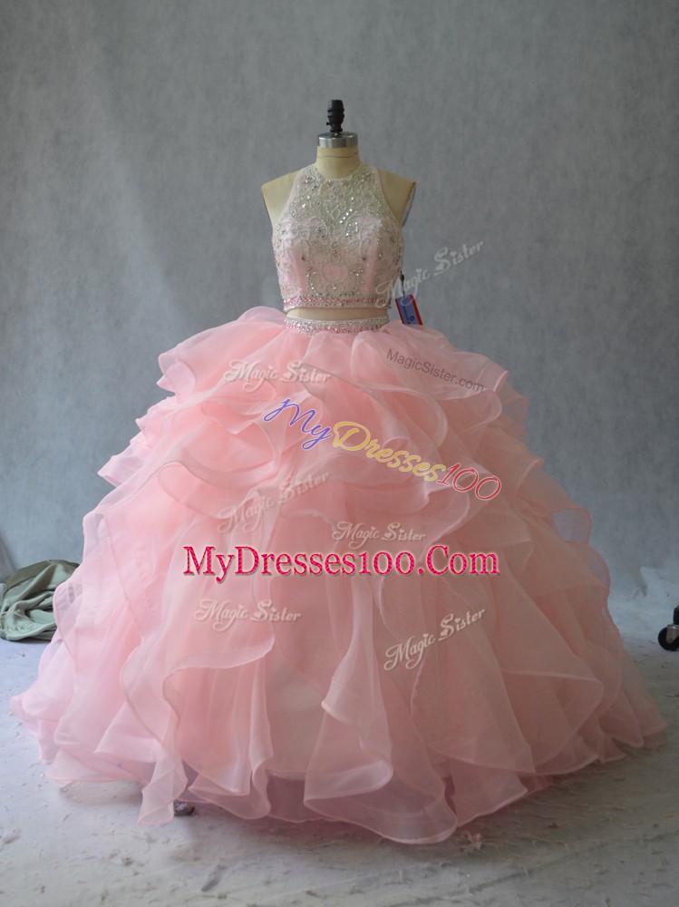 Sumptuous Backless Sweet 16 Quinceanera Dress Peach for Sweet 16 and Quinceanera with Beading and Ruffles