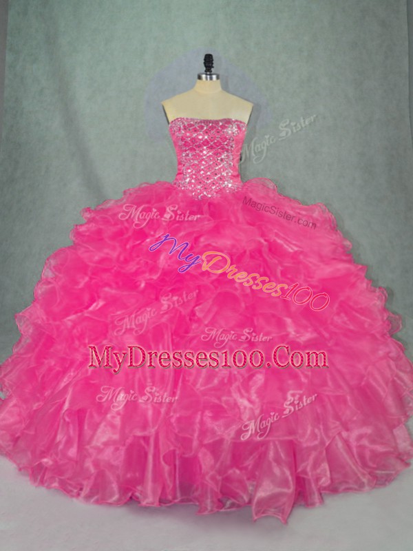 Custom Design Hot Pink Strapless Neckline Beading and Ruffles Ball Gown Prom Dress Sleeveless Lace Up
