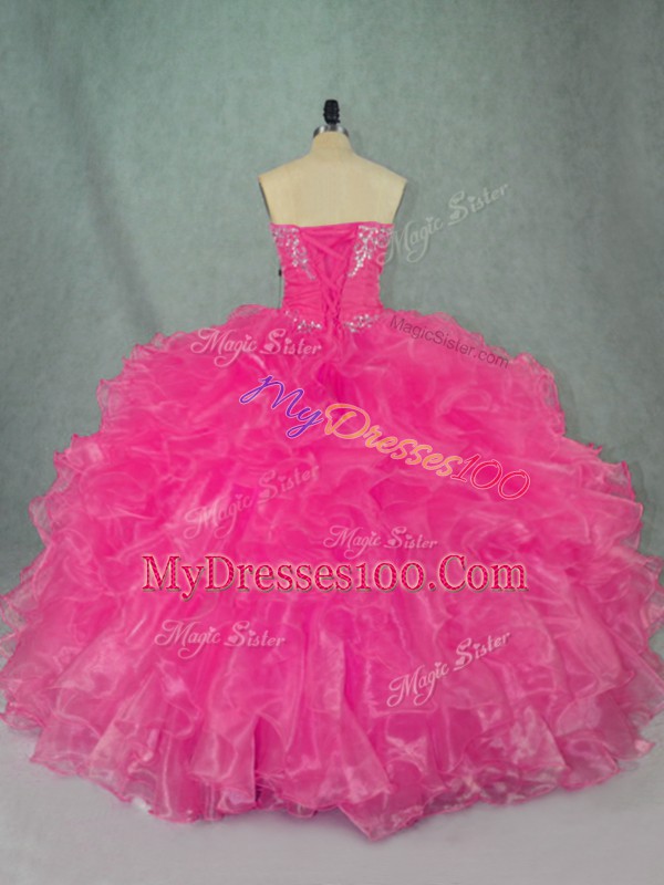 Custom Design Hot Pink Strapless Neckline Beading and Ruffles Ball Gown Prom Dress Sleeveless Lace Up