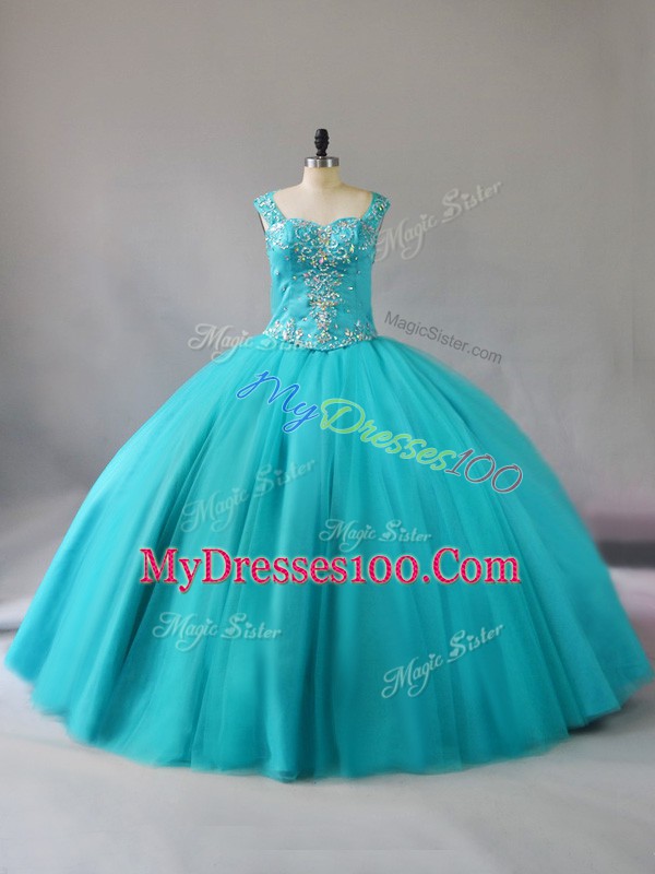 Romantic Aqua Blue Sleeveless Beading Floor Length Quince Ball Gowns