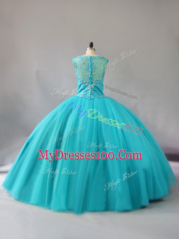 Romantic Aqua Blue Sleeveless Beading Floor Length Quince Ball Gowns