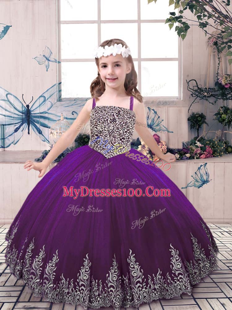 Purple Lace Up Straps Beading and Appliques Pageant Dress for Womens Tulle Sleeveless
