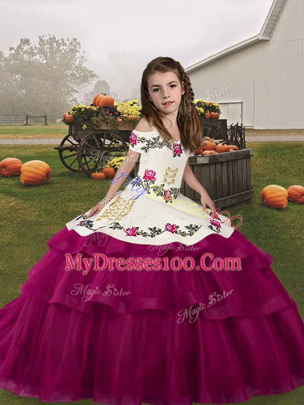 Admirable Fuchsia Lace Up Straps Embroidery and Ruffled Layers Child Pageant Dress Tulle Sleeveless