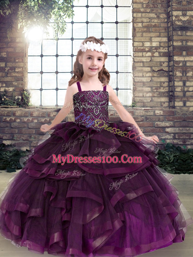 Unique Beading and Ruffles Winning Pageant Gowns Eggplant Purple Lace Up Sleeveless Floor Length