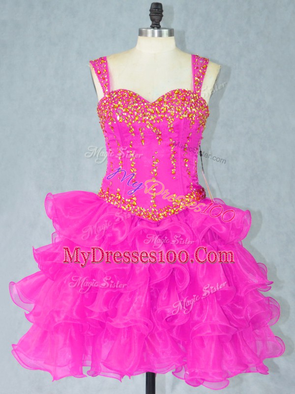 Fuchsia Sleeveless Organza Lace Up Party Dress for Girls for Prom and Party