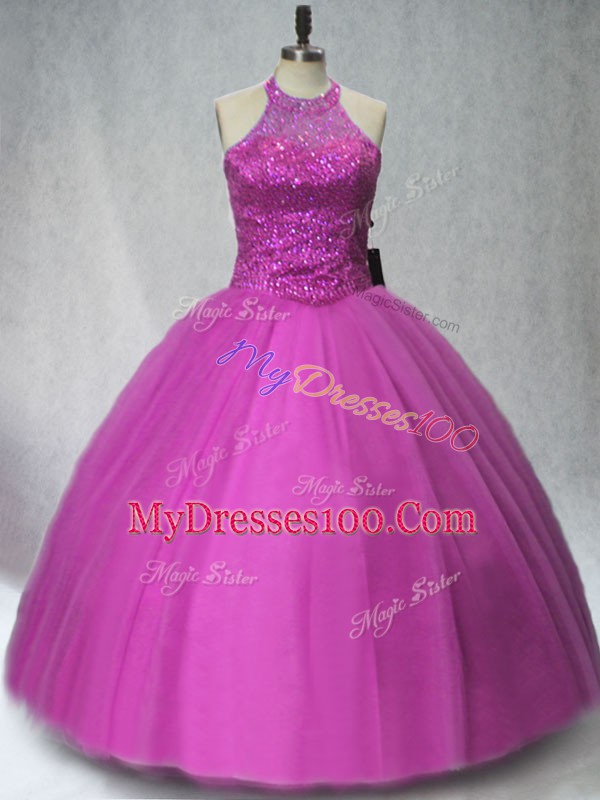 Adorable Halter Top Sleeveless Tulle Quinceanera Gown Beading Lace Up