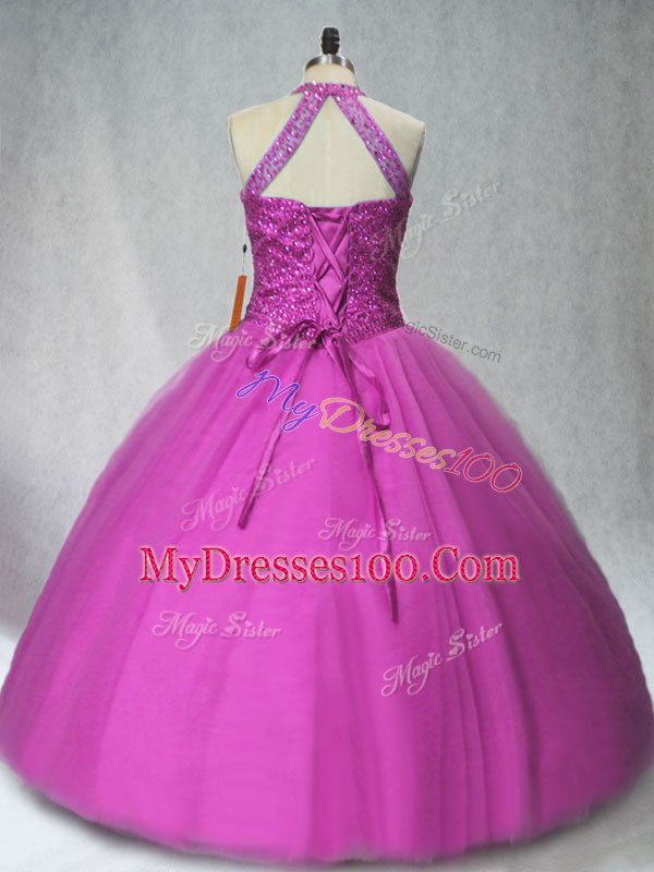 Adorable Halter Top Sleeveless Tulle Quinceanera Gown Beading Lace Up