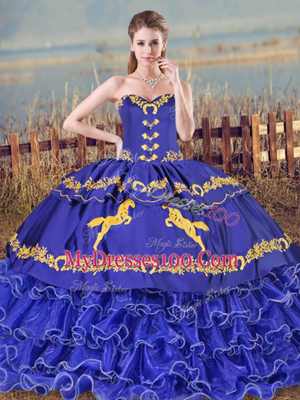 Ball Gowns Sleeveless Blue Quinceanera Dress Brush Train Lace Up