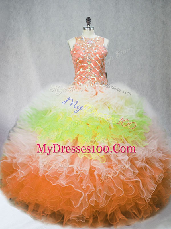 Fabulous Multi-color Sleeveless Floor Length Beading and Ruffles Zipper Vestidos de Quinceanera