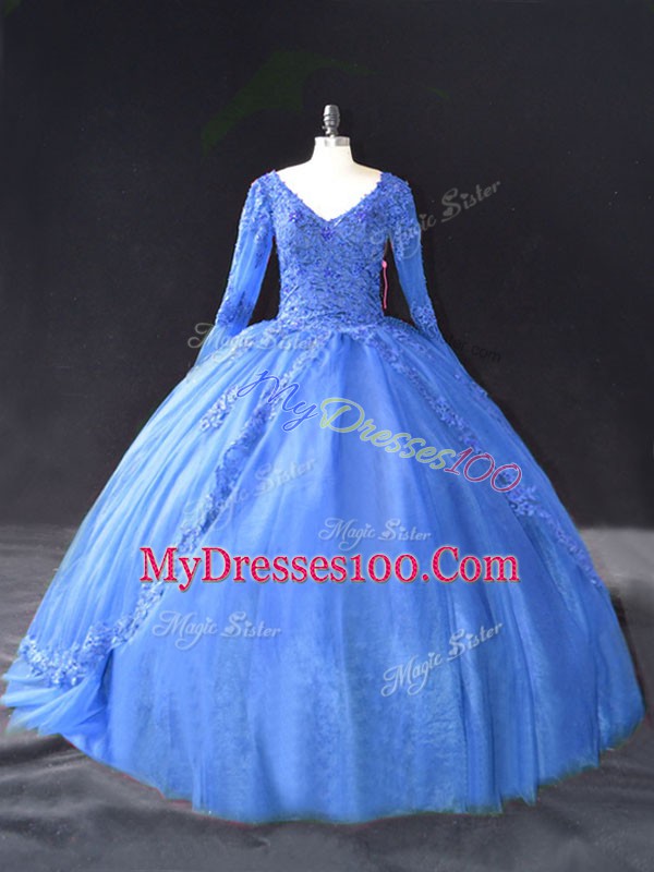 Suitable Blue V-neck Neckline Lace and Appliques 15 Quinceanera Dress Long Sleeves Lace Up