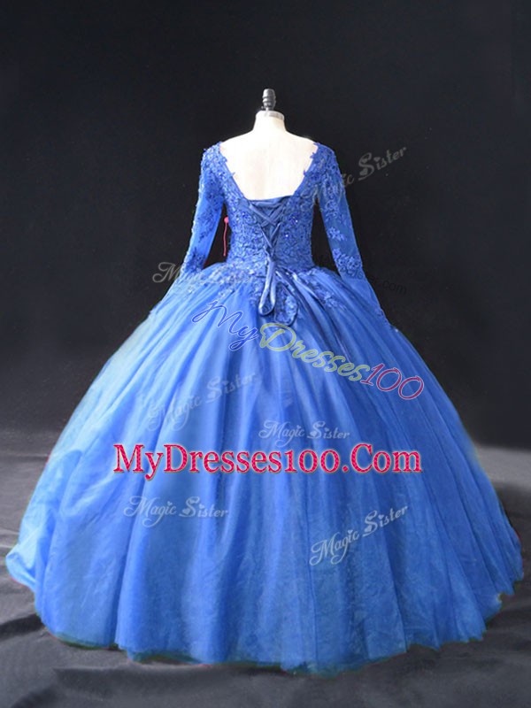 Suitable Blue V-neck Neckline Lace and Appliques 15 Quinceanera Dress Long Sleeves Lace Up