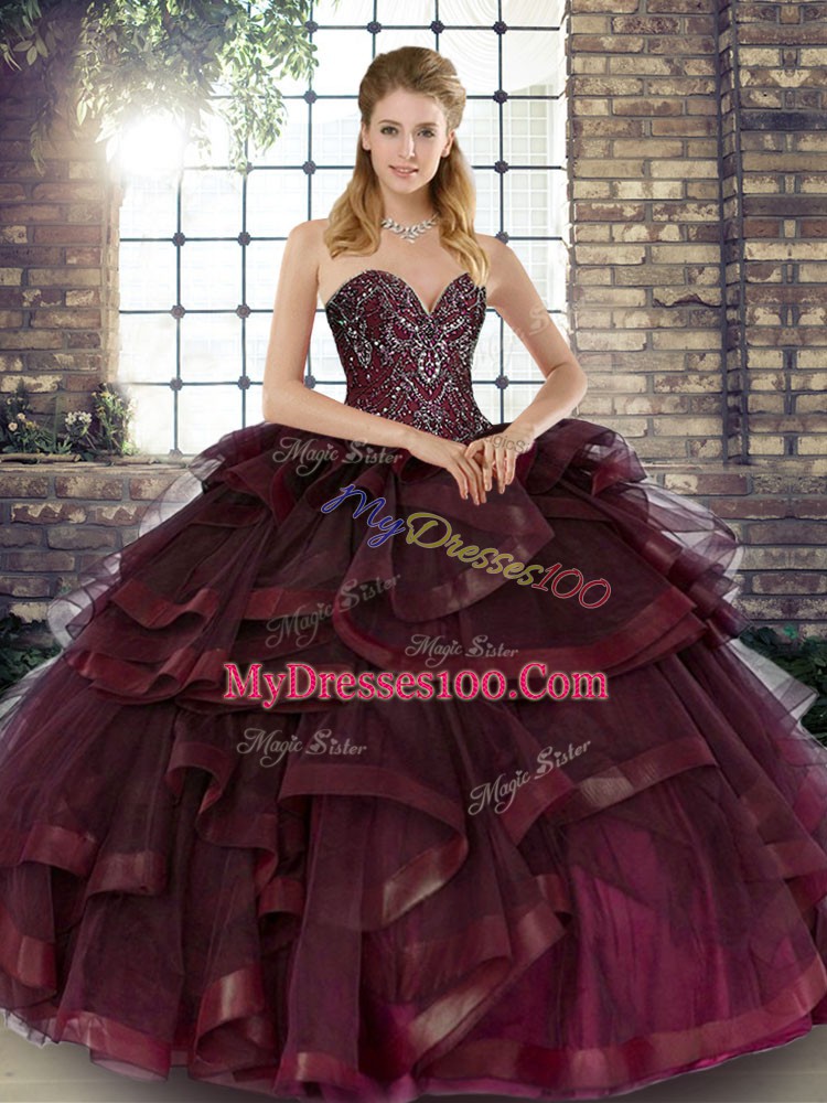 Luxurious Beading and Ruffles Quinceanera Dresses Burgundy Lace Up Sleeveless Floor Length