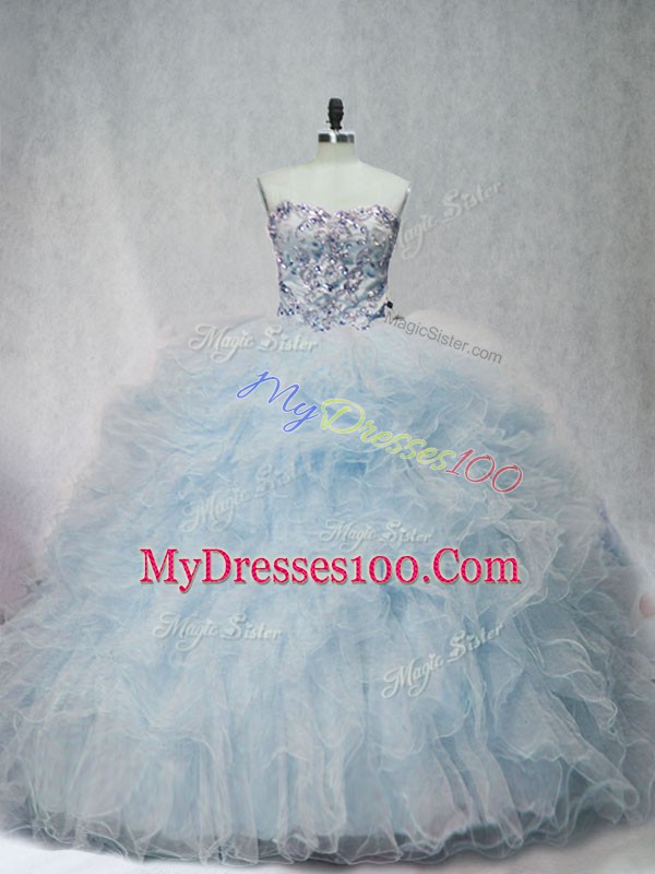 Light Blue Sleeveless Tulle Brush Train Lace Up Quinceanera Dress for Sweet 16 and Quinceanera