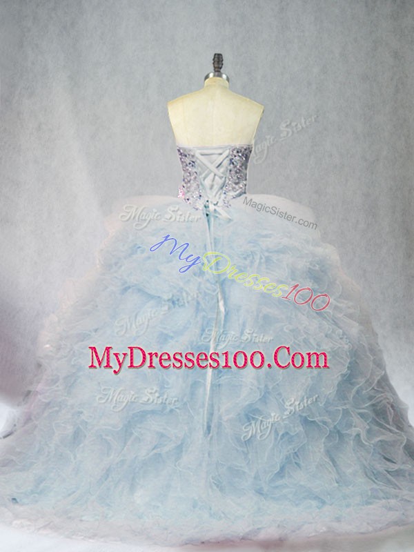 Light Blue Sleeveless Tulle Brush Train Lace Up Quinceanera Dress for Sweet 16 and Quinceanera
