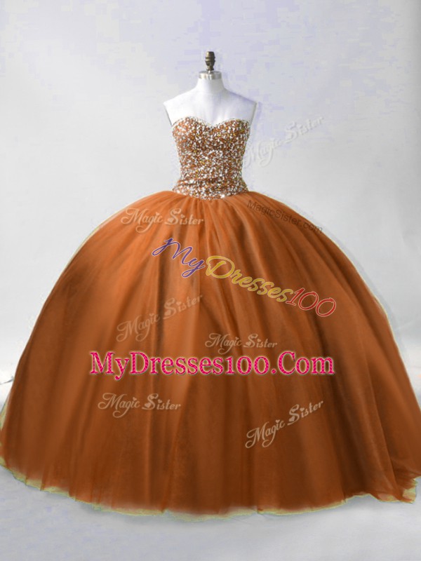 Hot Sale Sleeveless Tulle Floor Length Lace Up Quinceanera Dresses in Brown with Beading