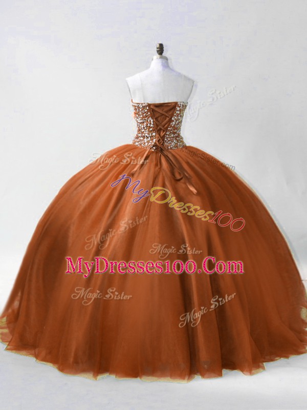 Hot Sale Sleeveless Tulle Floor Length Lace Up Quinceanera Dresses in Brown with Beading