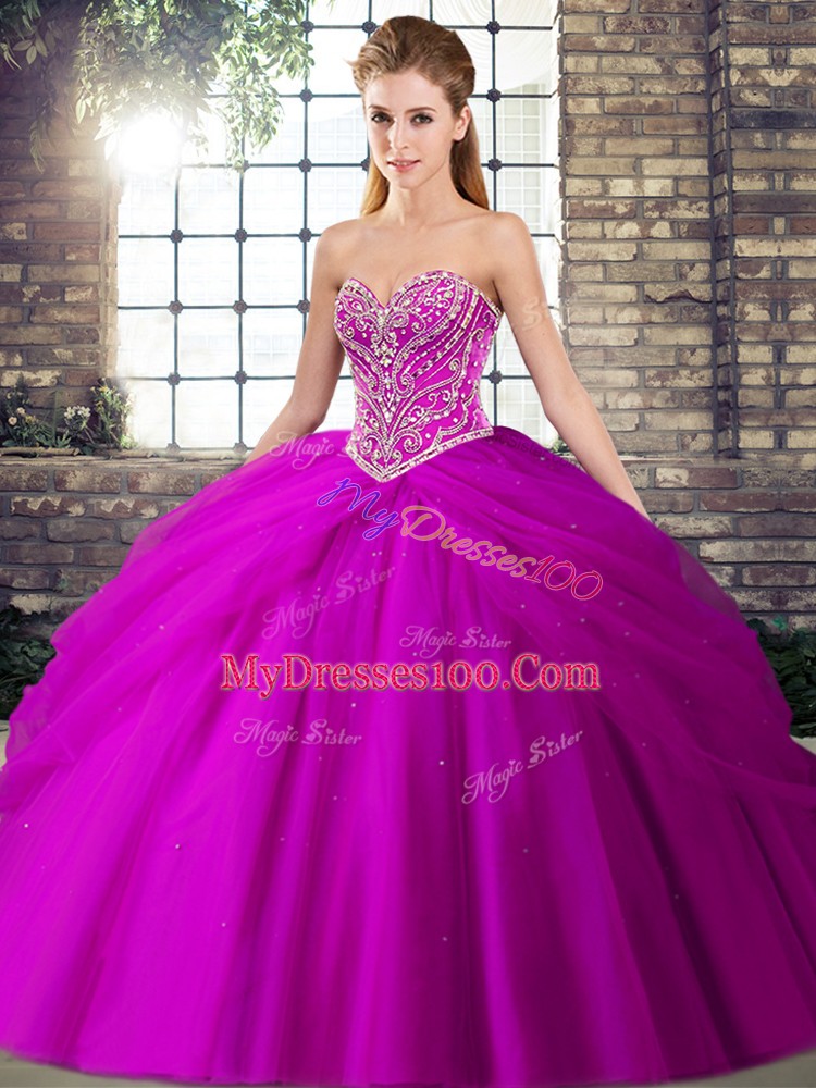 Graceful Fuchsia Lace Up Quinceanera Dress Beading and Pick Ups Sleeveless Brush Train