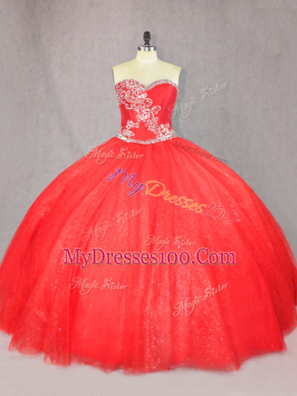 Red Lace Up Sweetheart Beading 15 Quinceanera Dress Tulle Sleeveless