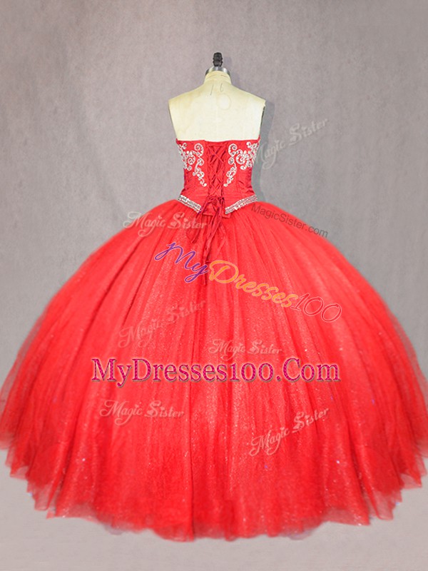 Red Lace Up Sweetheart Beading 15 Quinceanera Dress Tulle Sleeveless