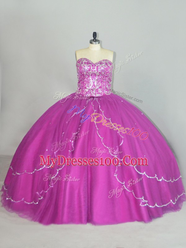 Ideal Fuchsia Sleeveless Brush Train Beading and Sequins Quinceanera Gowns