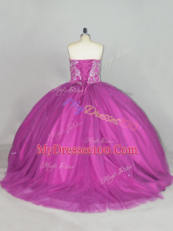 Ideal Fuchsia Sleeveless Brush Train Beading and Sequins Quinceanera Gowns