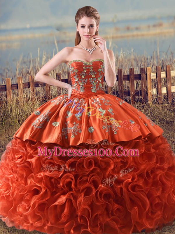 Fashion Orange Red Lace Up 15th Birthday Dress Embroidery and Ruffles Sleeveless Floor Length Brush Train