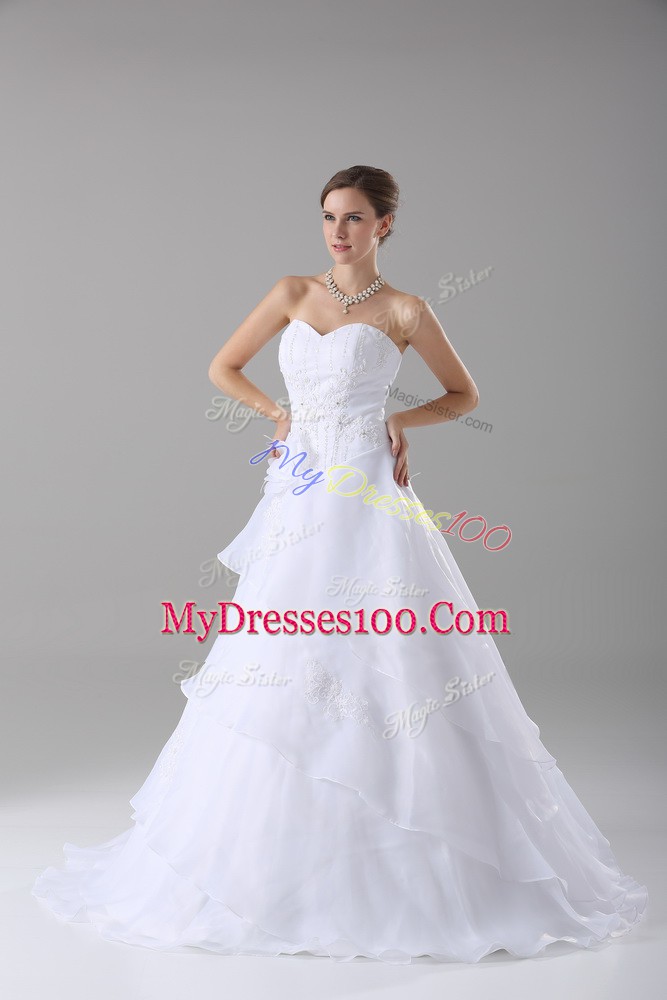 Dazzling A-line Sleeveless White Wedding Gown Brush Train Lace Up
