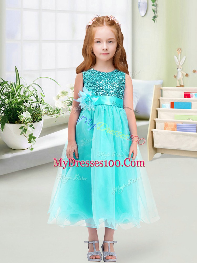 Superior Organza Sleeveless Tea Length Flower Girl Dresses for Less and Sequins and Hand Made Flower