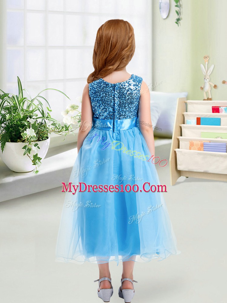 Superior Organza Sleeveless Tea Length Flower Girl Dresses for Less and Sequins and Hand Made Flower