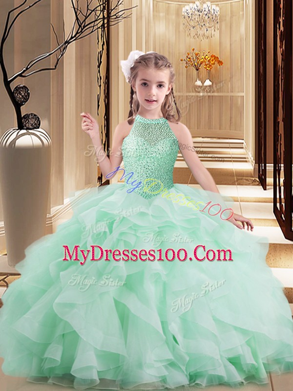Amazing Floor Length Apple Green Little Girls Pageant Dress Wholesale Tulle Sleeveless Beading and Ruffles