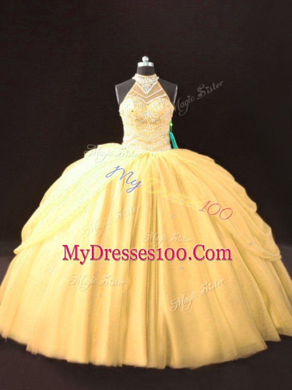 Elegant Sleeveless Floor Length Beading and Pick Ups Lace Up 15th Birthday Dress with Gold