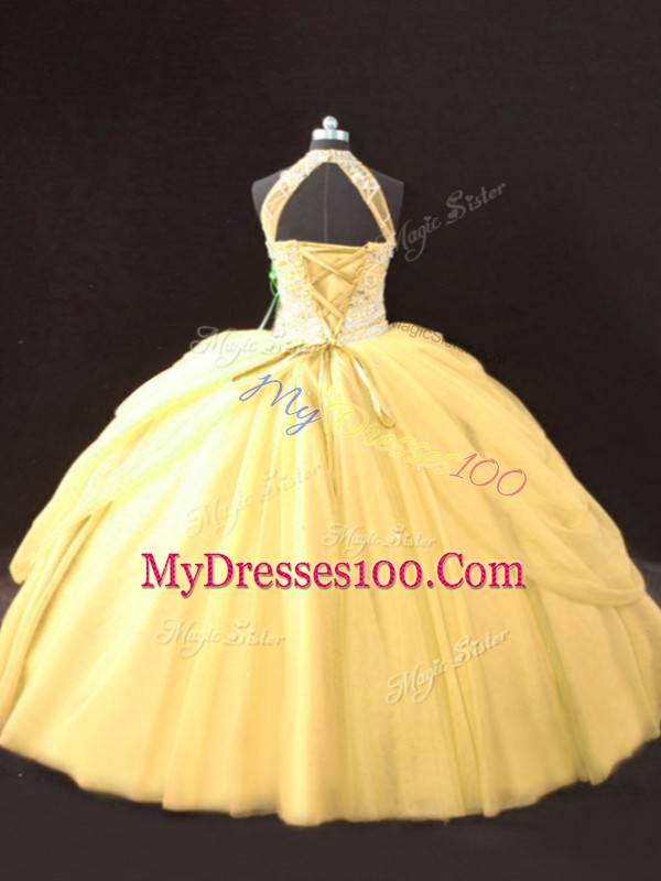 Elegant Sleeveless Floor Length Beading and Pick Ups Lace Up 15th Birthday Dress with Gold