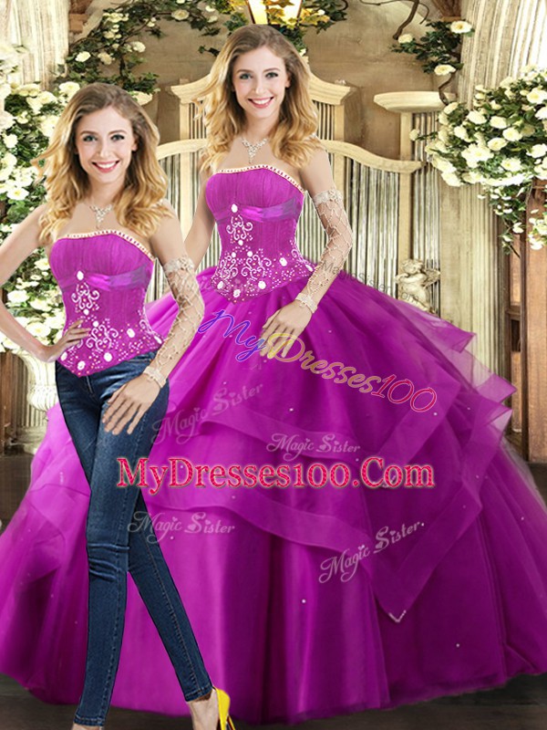 Free and Easy Strapless Sleeveless Lace Up Quinceanera Gown Fuchsia Tulle
