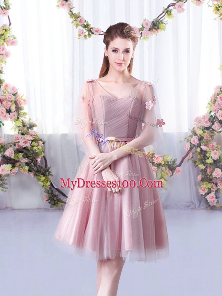 Delicate Pink Lace Up V-neck Appliques and Belt Bridesmaid Gown Tulle Sleeveless