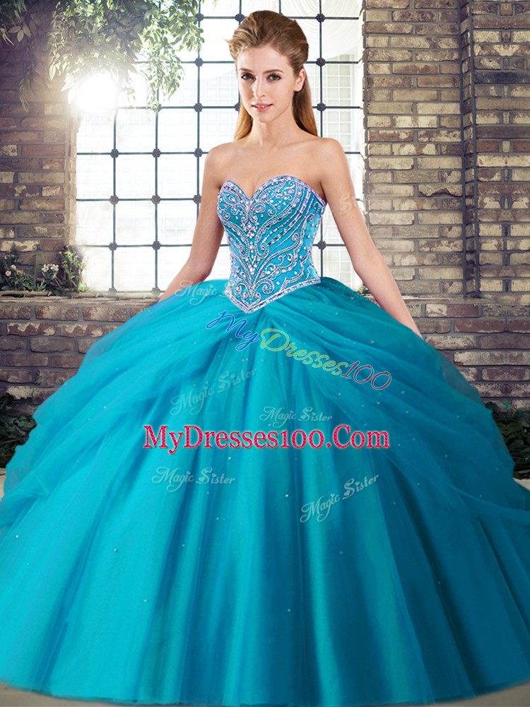Inexpensive Aqua Blue Tulle Lace Up Sweetheart Sleeveless Sweet 16 Dress Brush Train Beading and Pick Ups