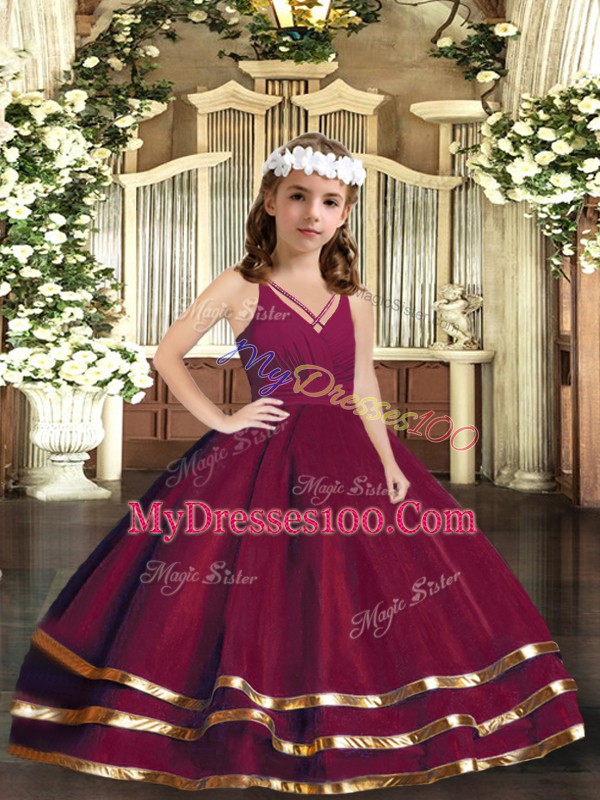 V-neck Sleeveless Zipper Pageant Dress for Girls Burgundy Tulle