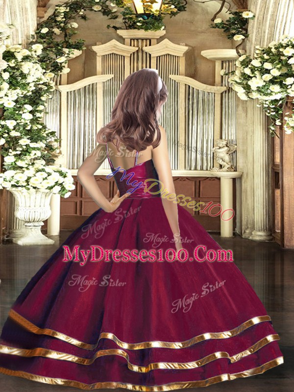 V-neck Sleeveless Zipper Pageant Dress for Girls Burgundy Tulle