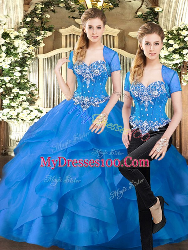 Sweetheart Sleeveless Sweet 16 Dresses Floor Length Beading and Ruffles Blue Tulle