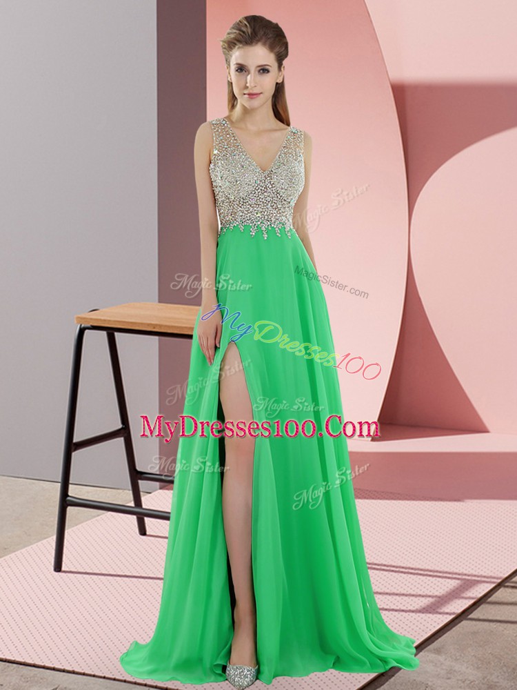 High Class V-neck Sleeveless Dress for Prom Sweep Train Beading Green Chiffon