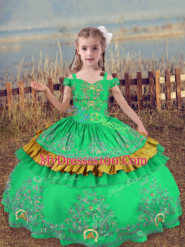 Cute Turquoise Ball Gowns Beading and Embroidery Little Girls Pageant Gowns Lace Up Satin Sleeveless Floor Length