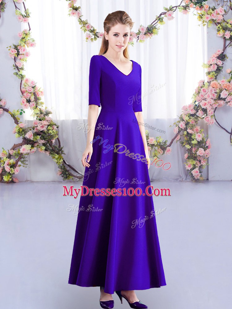 V-neck Half Sleeves Satin Bridesmaids Dress Ruching Zipper