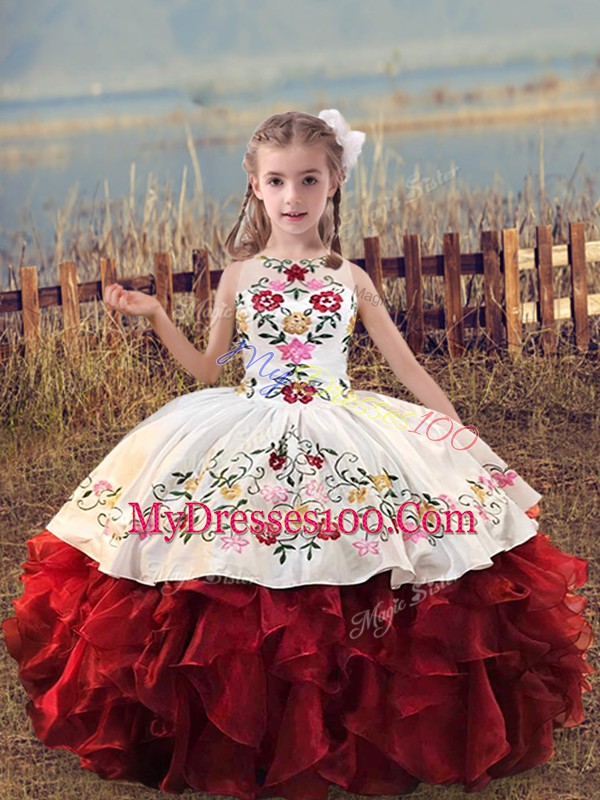 High End White And Red Scoop Lace Up Embroidery and Ruffles Pageant Gowns For Girls Sleeveless