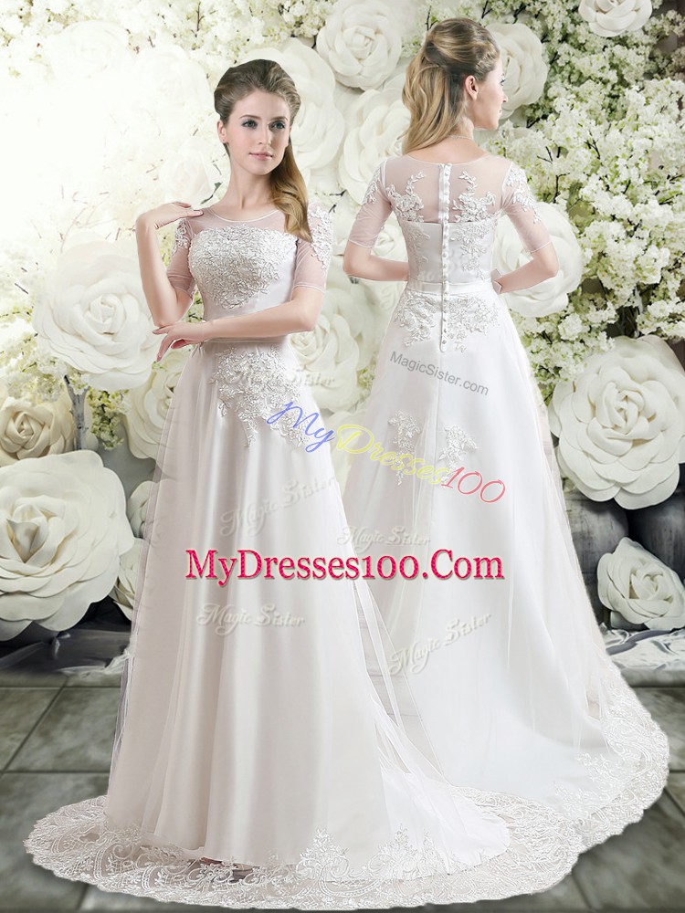 Fantastic White Long Sleeves Tulle Brush Train Clasp Handle Wedding Dresses for Wedding Party