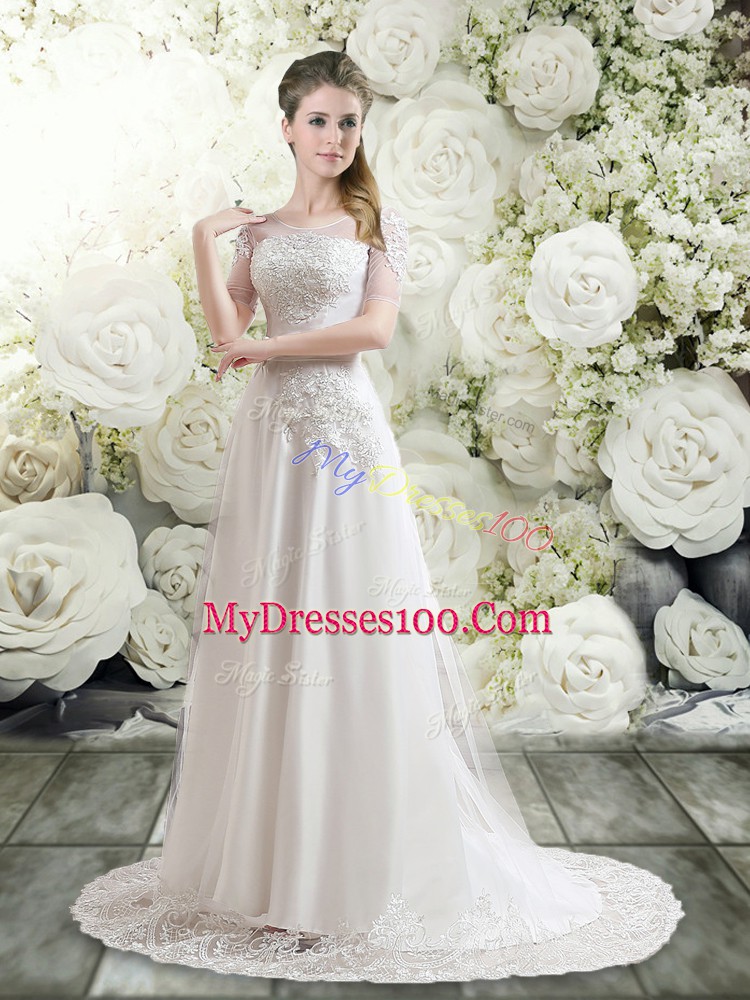 Fantastic White Long Sleeves Tulle Brush Train Clasp Handle Wedding Dresses for Wedding Party