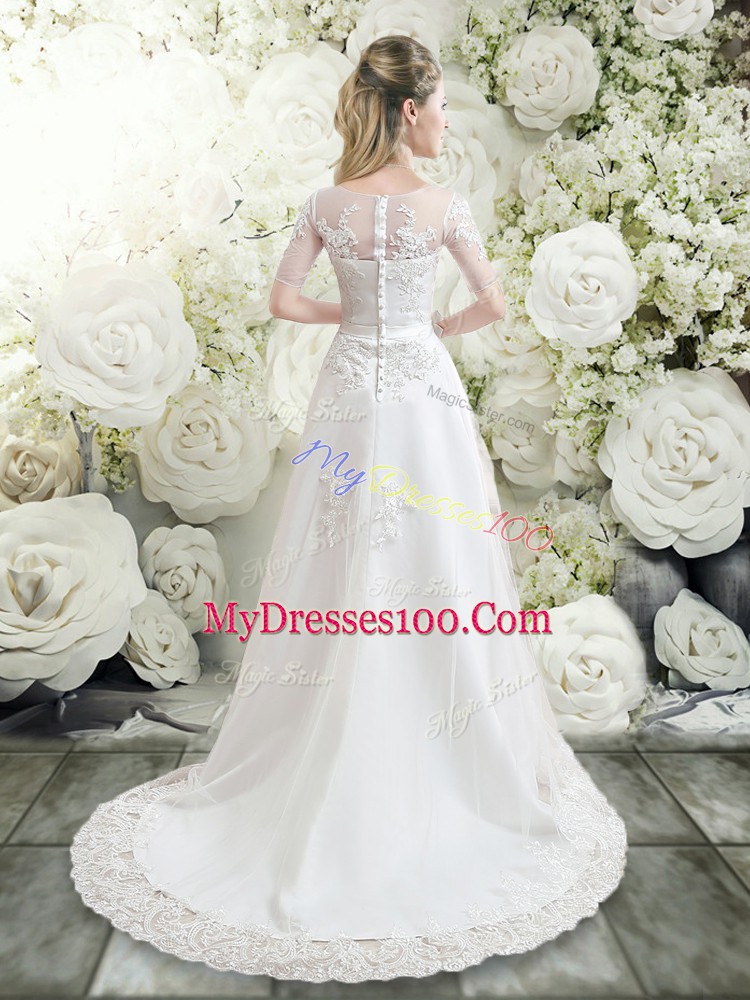 Fantastic White Long Sleeves Tulle Brush Train Clasp Handle Wedding Dresses for Wedding Party