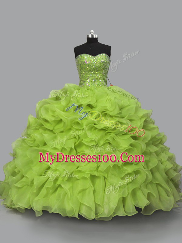 High Class Floor Length Lace Up Sweet 16 Quinceanera Dress Yellow Green for Sweet 16 and Quinceanera with Beading and Ruffles